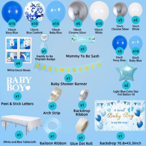 Baby Shower Decorations for Boy, Blue Baby Party Decor Kit with Balloons Boxes, Blue Balloon Garland Backdrop Banner and Tablecloth and Baby Shower Sash, Baby Boy Shower Decorations