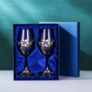 xudrez wine glasses enamels flower lead-free wine glasses set handcrafted floral goblets with gift box for women wife mom friends mothers valentines day (purple double gift box)