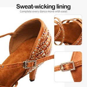 SWDZM Women's Rhinestone Dance Shoes Ballroom Latin Salsa Performance Practice Dancing Shoes,L377,Bronze,Heel 3 1/3'',US 9