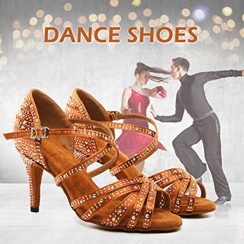 SWDZM Women's Rhinestone Dance Shoes Ballroom Latin Salsa Performance Practice Dancing Shoes,L377,Bronze,Heel 3 1/3'',US 9