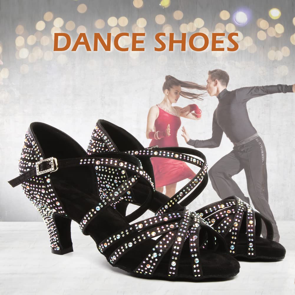 SWDZM Women's Rhinestone Dance Shoes Ballroom Latin Salsa Performance Practice Dancing Shoes,L377,Black,Heel 2 1/3'',US 9.5