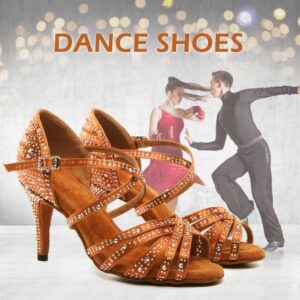 SWDZM Women's Rhinestone Dance Shoes Ballroom Latin Salsa Performance Practice Dancing Shoes,L377,Bronze,Heel 3 1/3'',US 8.5