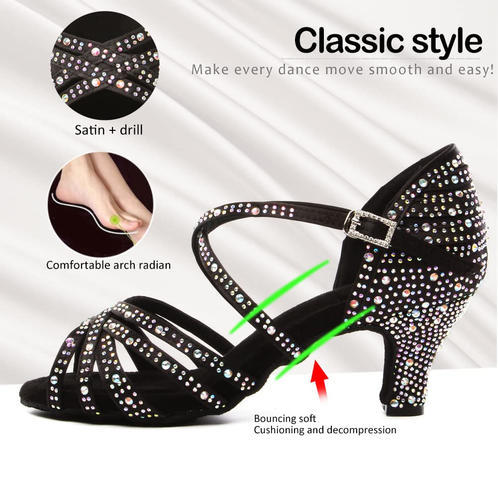 SWDZM Women's Rhinestone Dance Shoes Ballroom Latin Salsa Performance Practice Dancing Shoes,L377,Black,Heel 2 1/3'',US 8