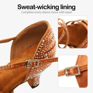 SWDZM Women's Rhinestone Dance Shoes Ballroom Latin Salsa Performance Practice Dancing Shoes,L377,Bronze,Heel 2 1/3'',US 7