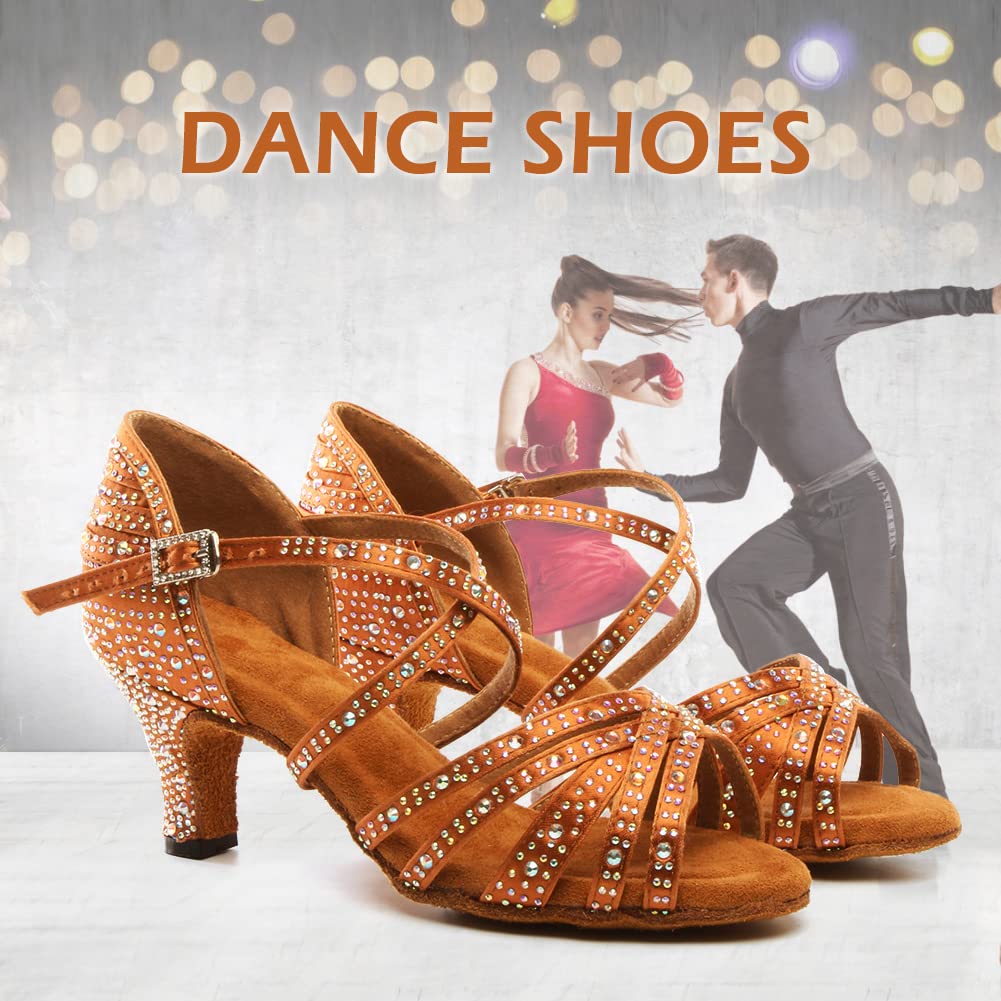 SWDZM Women's Rhinestone Dance Shoes Ballroom Latin Salsa Performance Practice Dancing Shoes,L377,Bronze,Heel 2 1/3'',US 7