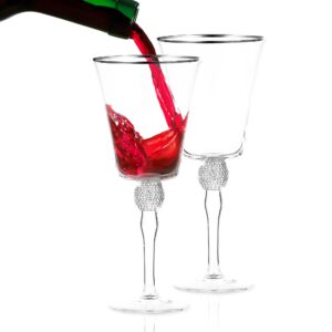 berkware premium wine glasses set of 2 - crystal long stem wine glass goblet with silver rim & rhinestone design - 14.7 oz