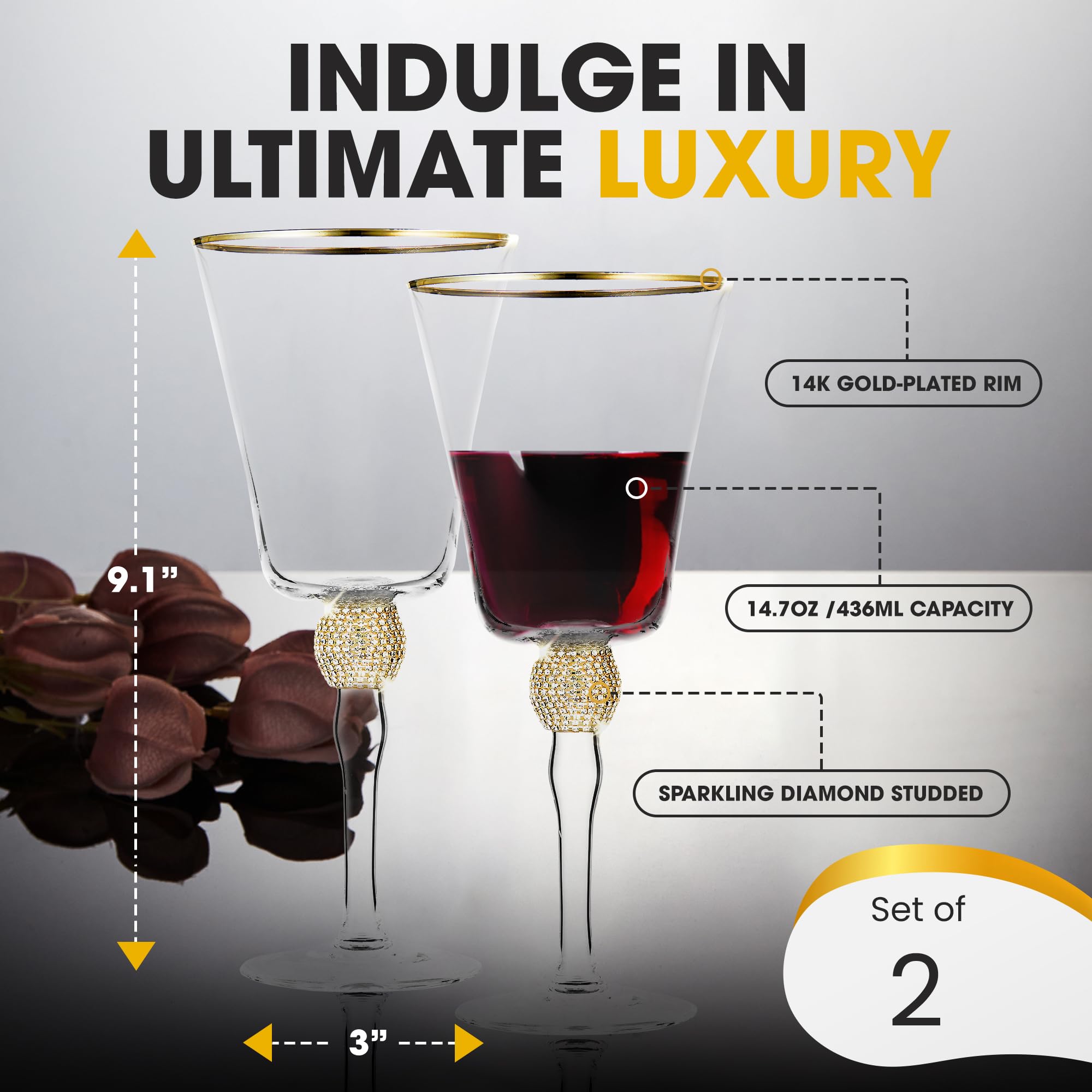 BERKWARE Premium Wine Glasses Set of 2 - Crystal Long Stem Wine Glass Goblet with Gold Rim & Rhinestone Design - 14.7 oz