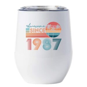 hdhshop24 awesome since 1987 tumbler 36th happy birthday wine glass 12oz with lid gift for men women - 36 years old tumblers stainless steel - summer 1987 limited edition retro tumbler christmas gift