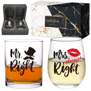 gnollko wedding gift for couples,mr right&mrs always right glasses for newlyweds bride groom, engagement anniversary party decorations for fiance fiancee boyfriend girlfriend him her