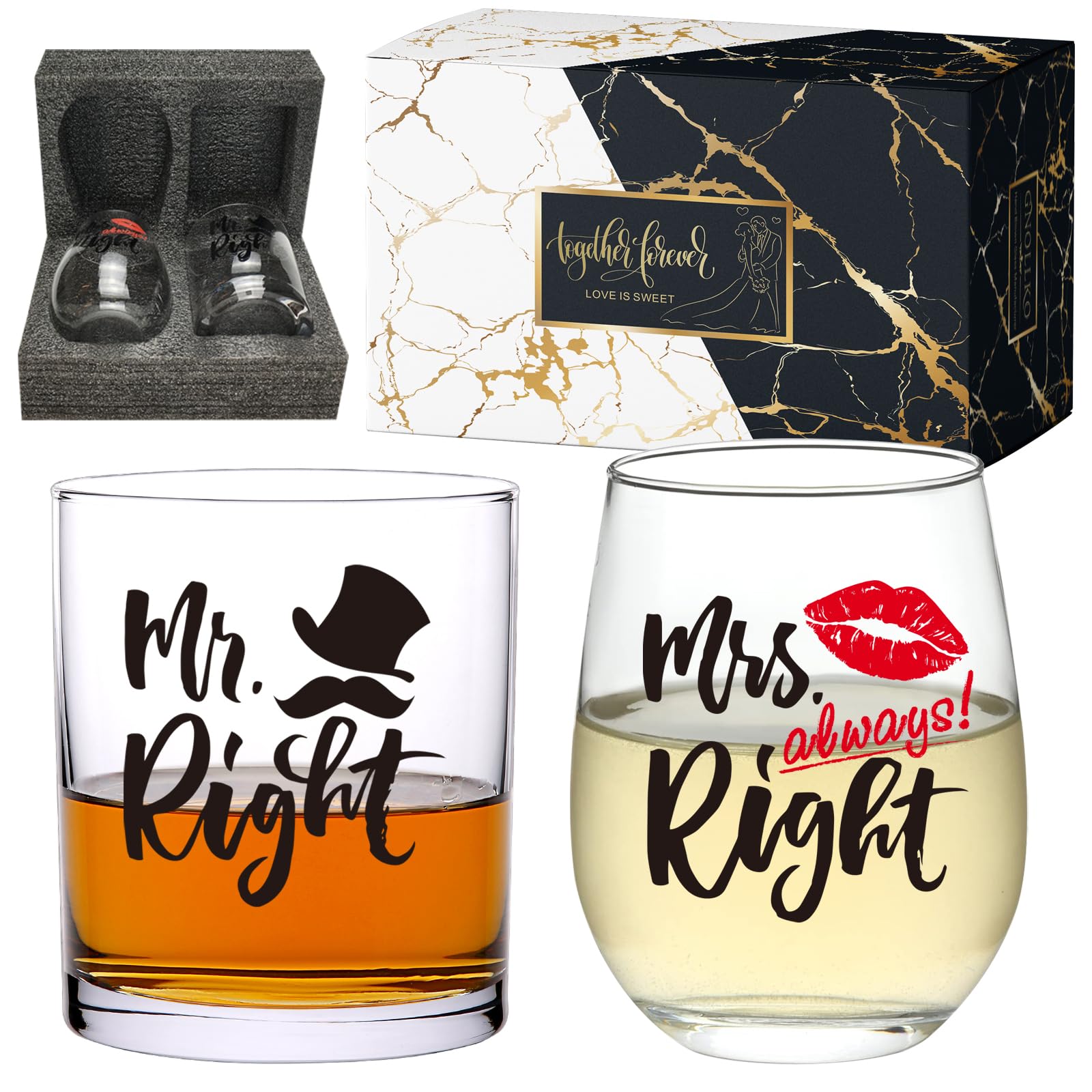 Gnollko Wedding Gift for Couples,Mr Right&Mrs Always Right Glasses for Newlyweds Bride Groom, Engagement Anniversary Party Decorations for Fiance Fiancee Boyfriend Girlfriend Him Her