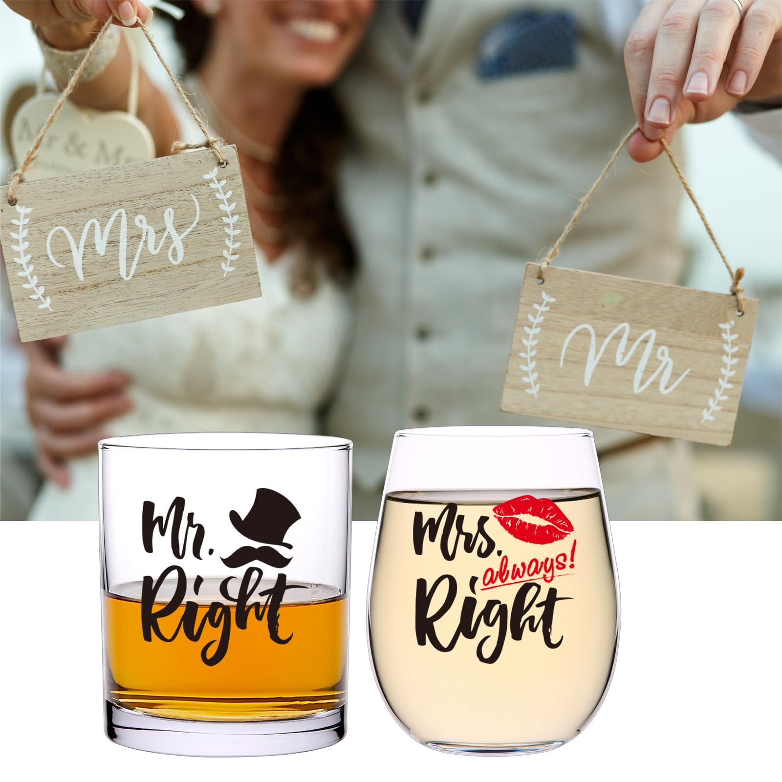 Gnollko Wedding Gift for Couples,Mr Right&Mrs Always Right Glasses for Newlyweds Bride Groom, Engagement Anniversary Party Decorations for Fiance Fiancee Boyfriend Girlfriend Him Her