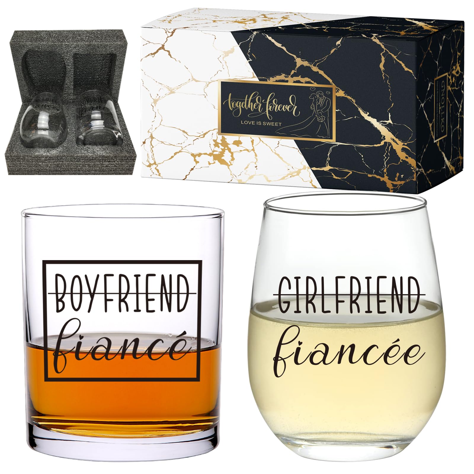 Gnollko Engagement Gifts for Couples,Engaged Party Decoration for Fiance Fiancee Boyfriend Girlfriend Him Her,Wedding Glasses Set for Mr Mrs Bride Groom Bridal Shower