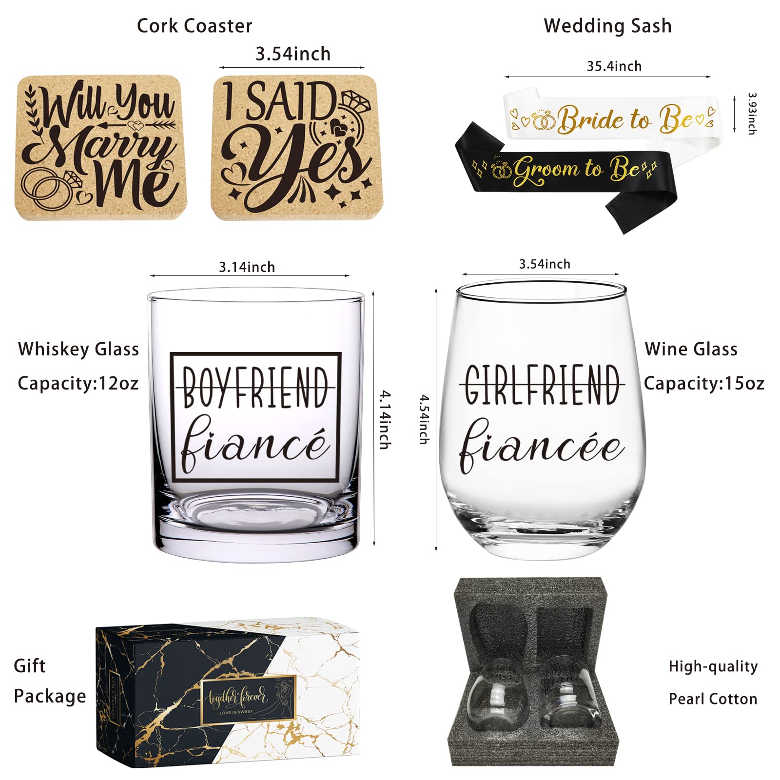 Gnollko Engagement Gifts for Couples,Engaged Party Decoration for Fiance Fiancee Boyfriend Girlfriend Him Her,Wedding Glasses Set for Mr Mrs Bride Groom Bridal Shower