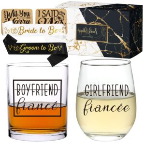 Gnollko Engagement Gifts for Couples,Engaged Party Decoration for Fiance Fiancee Boyfriend Girlfriend Him Her,Wedding Glasses Set for Mr Mrs Bride Groom Bridal Shower