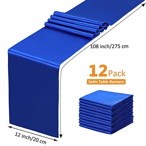 SiinvdaBZX 12 Pcs Royal Blue Satin Table Runner 12 x 108 inches Long, Bright Smooth Satin Wedding Table Runner Decorations for Birthday Parties, Buffet, Banquets, Graduations, Engagements