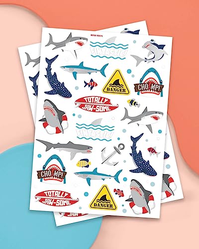 xo, Fetti Shark Temporary Tattoos - 38 Metallic Styles | Underwater Sea Creature, Ocean Animal Birthday Party Supplies, Summer, Totally Jawsome, Arts and Crafts