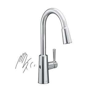 moen 7402ew riley single handle chrome high arc pull down kitchen faucet with motionsense wave, power clean spray technology, and reflex system, sensor, modern, aa batteries