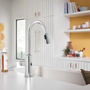 Moen 7402EW Riley Single Handle Chrome High Arc Pull Down Kitchen Faucet with Motionsense Wave, Power Clean Spray Technology, and Reflex System, Sensor, Modern, Aa Batteries