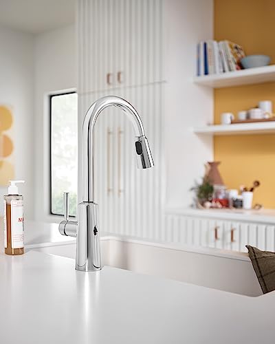 Moen 7402EW Riley Single Handle Chrome High Arc Pull Down Kitchen Faucet with Motionsense Wave, Power Clean Spray Technology, and Reflex System, Sensor, Modern, Aa Batteries