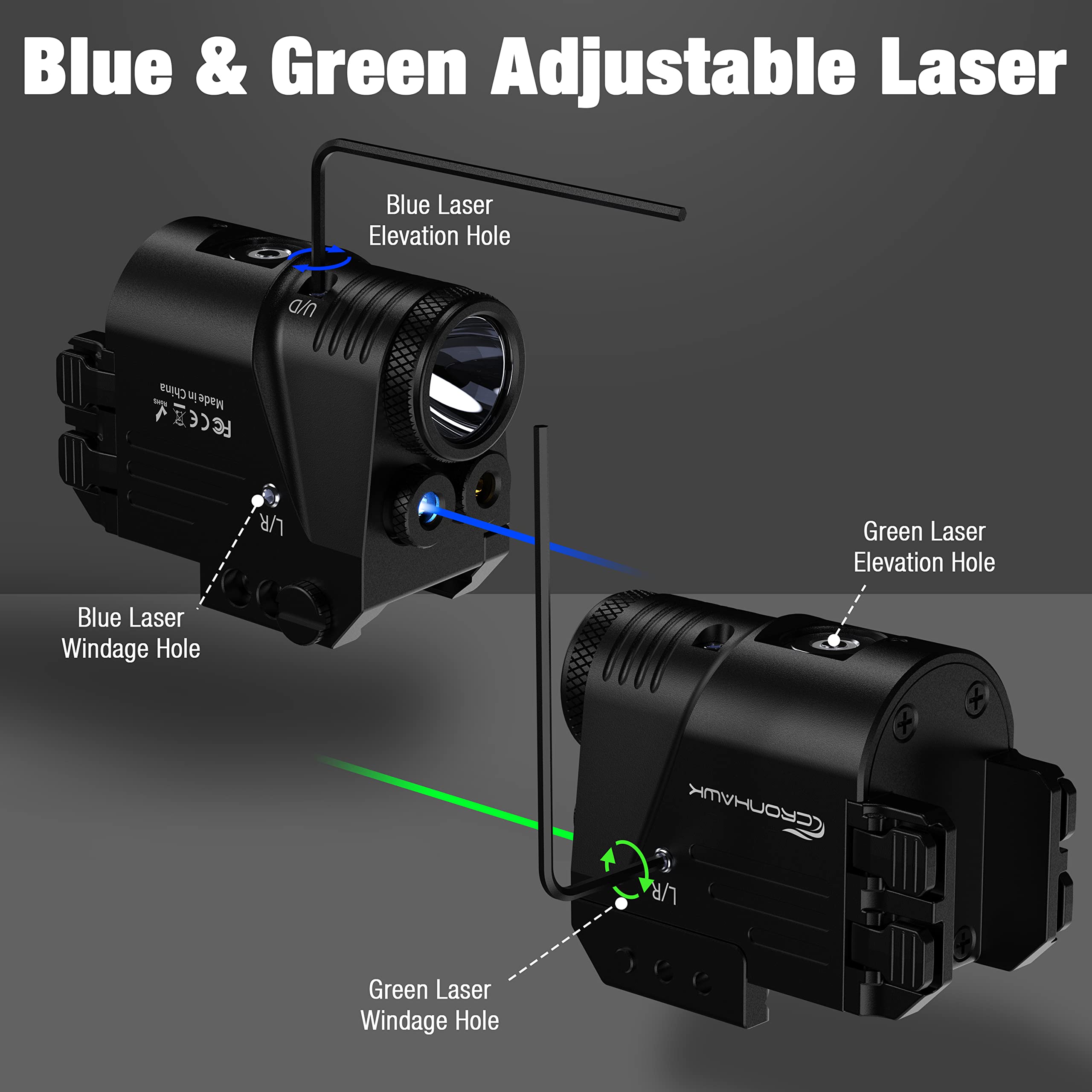 CRONHAWK 500 Lumen Blue Green Laser Light for Pistol, Rechargeable Rail Mounted Flashlight Laser Combo for Picatinny Rail, Magnetic Charging