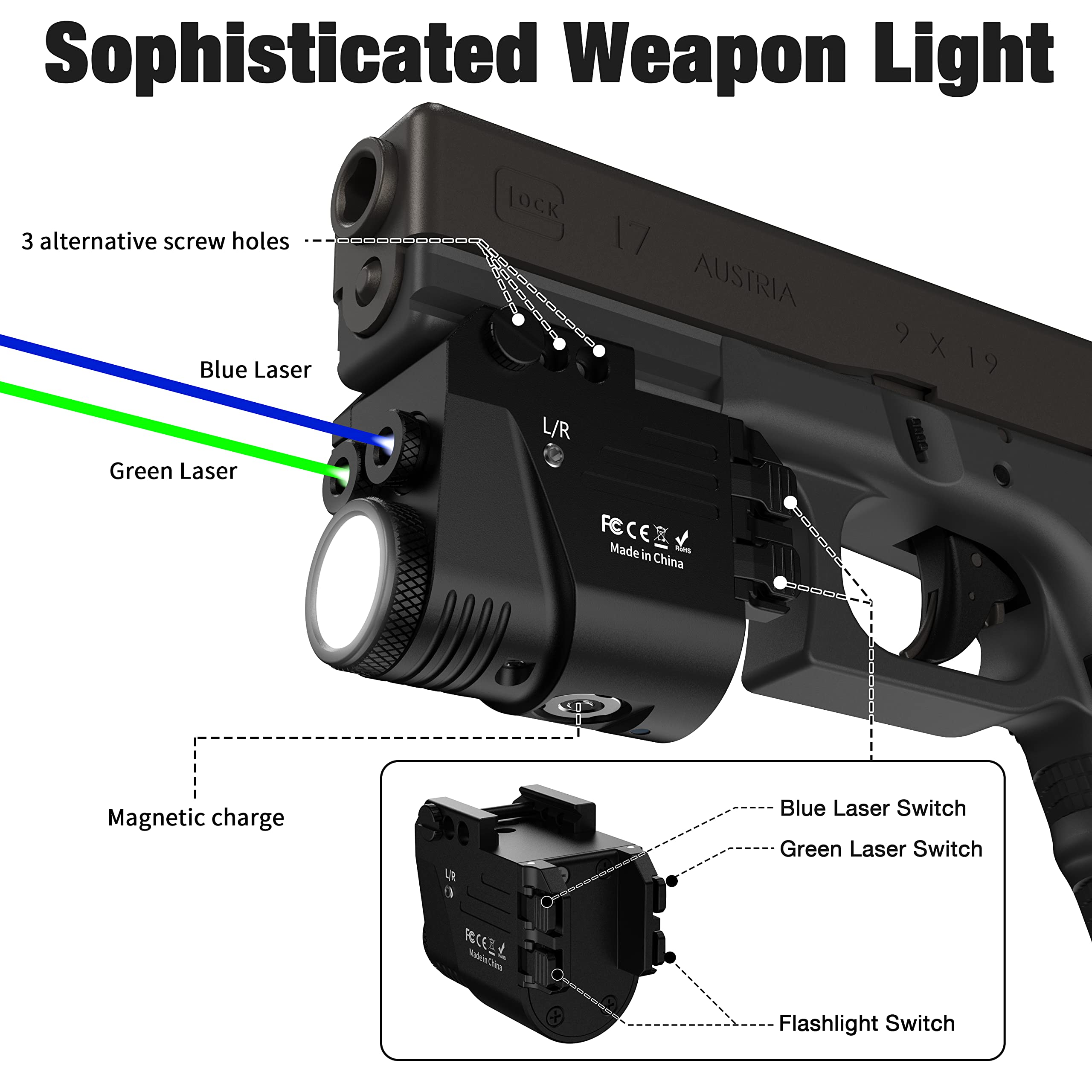 CRONHAWK 500 Lumen Blue Green Laser Light for Pistol, Rechargeable Rail Mounted Flashlight Laser Combo for Picatinny Rail, Magnetic Charging