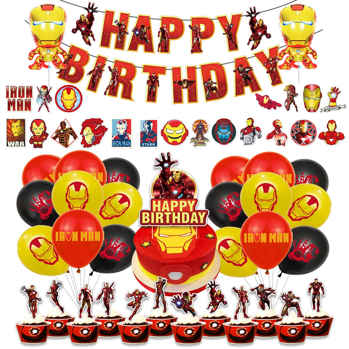 86 Pcs Birthday Party Decorations, Birthday Party Supplies For Iron Man Includes The Iron Man Inspired Happy Birthday Banner - Cake Topper - 12 Cupcake Toppers - 20 Balloons - 52 Sticker