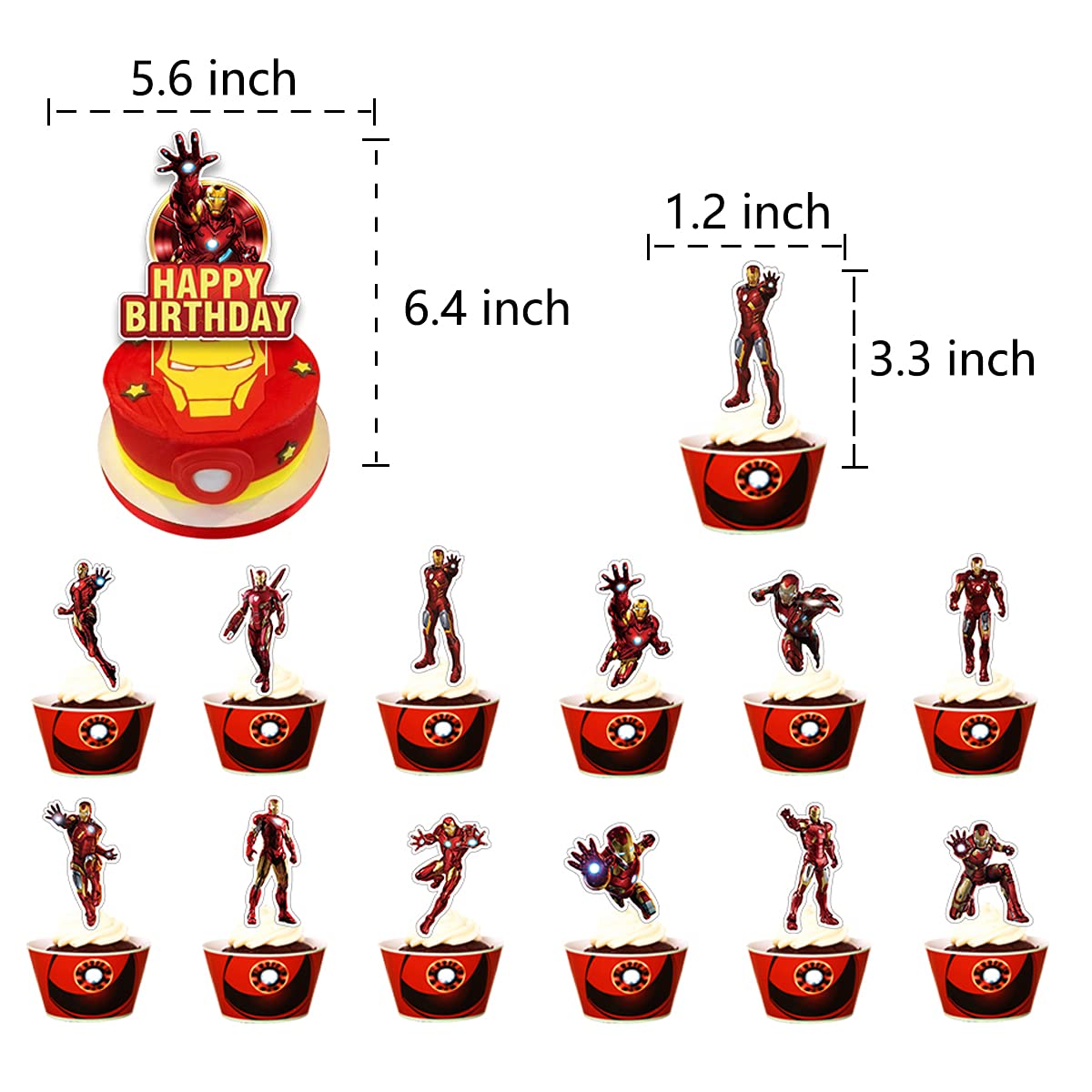 86 Pcs Birthday Party Decorations, Birthday Party Supplies For Iron Man Includes The Iron Man Inspired Happy Birthday Banner - Cake Topper - 12 Cupcake Toppers - 20 Balloons - 52 Sticker