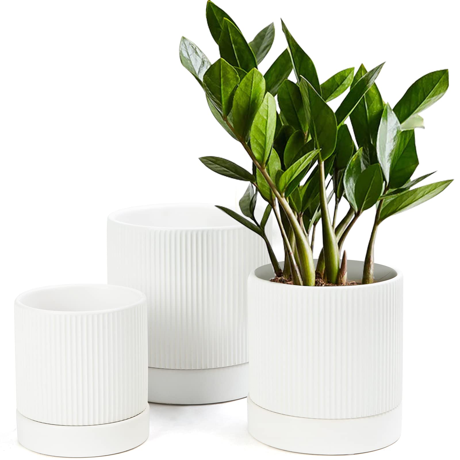 LaDoVita 3 Pack Ceramic Plant Pots 6/5/4 inch, Flowerpot for Indoor Plants with Drainage Holes and Tray, Outdoor Garden Planters, Modern Decorative for Home, White Vertical Stripes