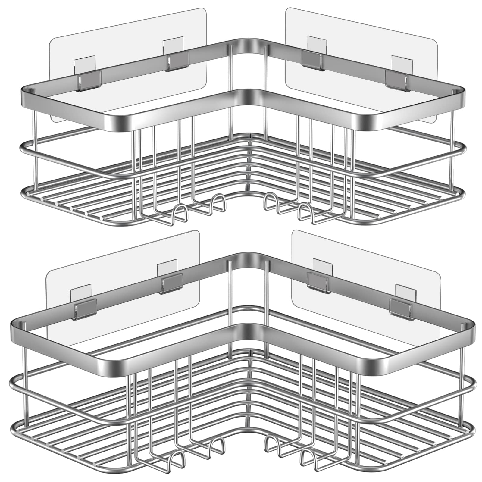 Yazoni Corner Shower Caddy, Adhesive Shower Shelves No Drilling [2-Pack], Rustproof Stainless Steel Bathroom Shower Organizer with 8 Hooks, Shower Shelf for Inside Shower (Silver)