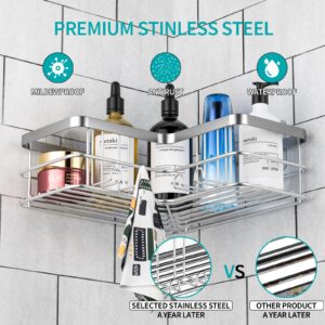 Yazoni Corner Shower Caddy, Adhesive Shower Shelves No Drilling [2-Pack], Rustproof Stainless Steel Bathroom Shower Organizer with 8 Hooks, Shower Shelf for Inside Shower (Silver)