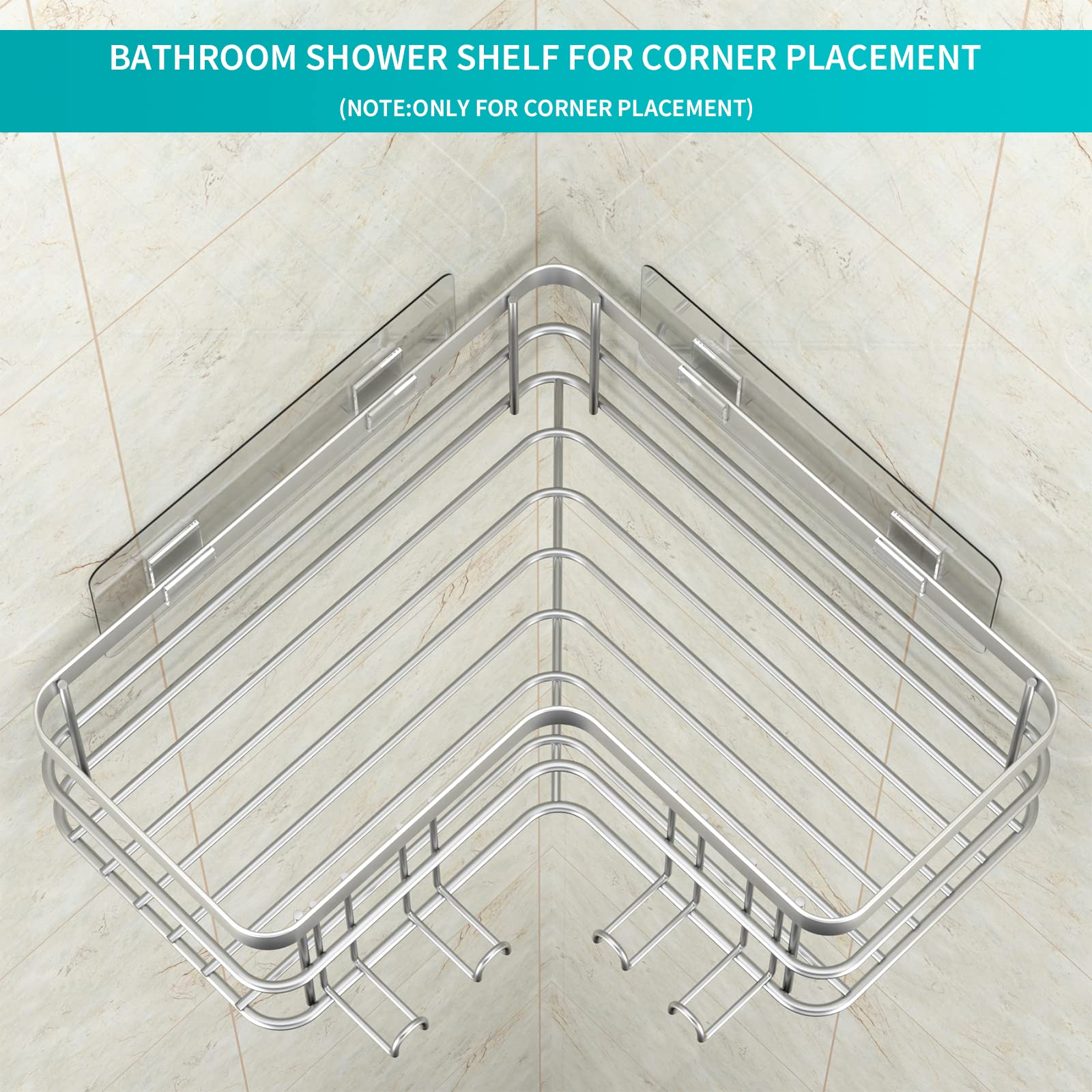 Yazoni Corner Shower Caddy, Adhesive Shower Shelves No Drilling [2-Pack], Rustproof Stainless Steel Bathroom Shower Organizer with 8 Hooks, Shower Shelf for Inside Shower (Silver)