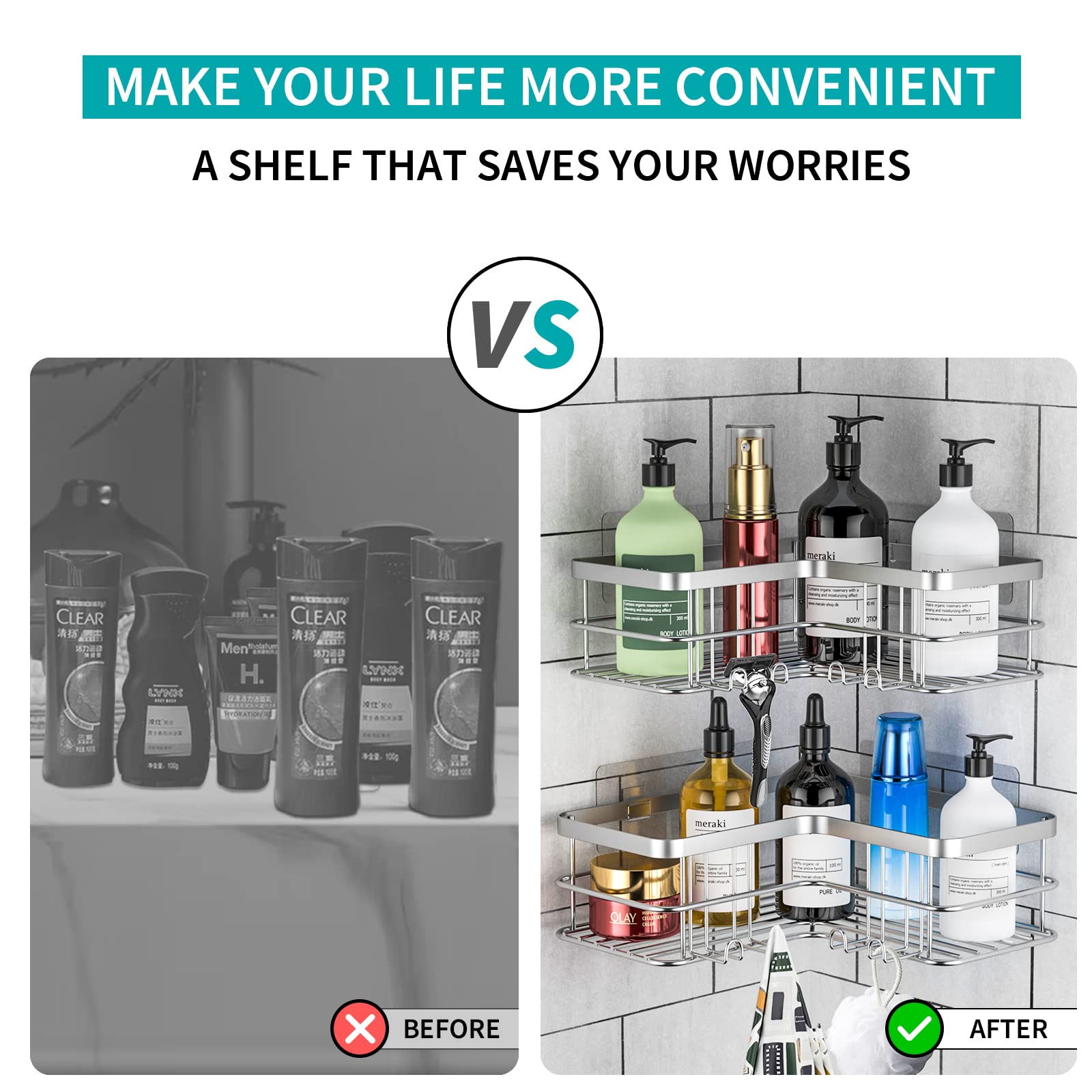 Yazoni Corner Shower Caddy, Adhesive Shower Shelves No Drilling [2-Pack], Rustproof Stainless Steel Bathroom Shower Organizer with 8 Hooks, Shower Shelf for Inside Shower (Silver)