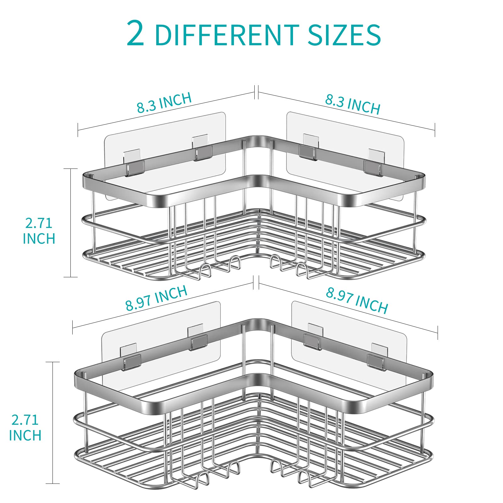 Yazoni Corner Shower Caddy, Adhesive Shower Shelves No Drilling [2-Pack], Rustproof Stainless Steel Bathroom Shower Organizer with 8 Hooks, Shower Shelf for Inside Shower (Silver)