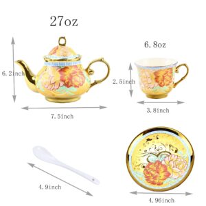 20 Pieces European Ceramic Tea Set for Adults With Metal Holder and Flower Painting (Large Cream Version)