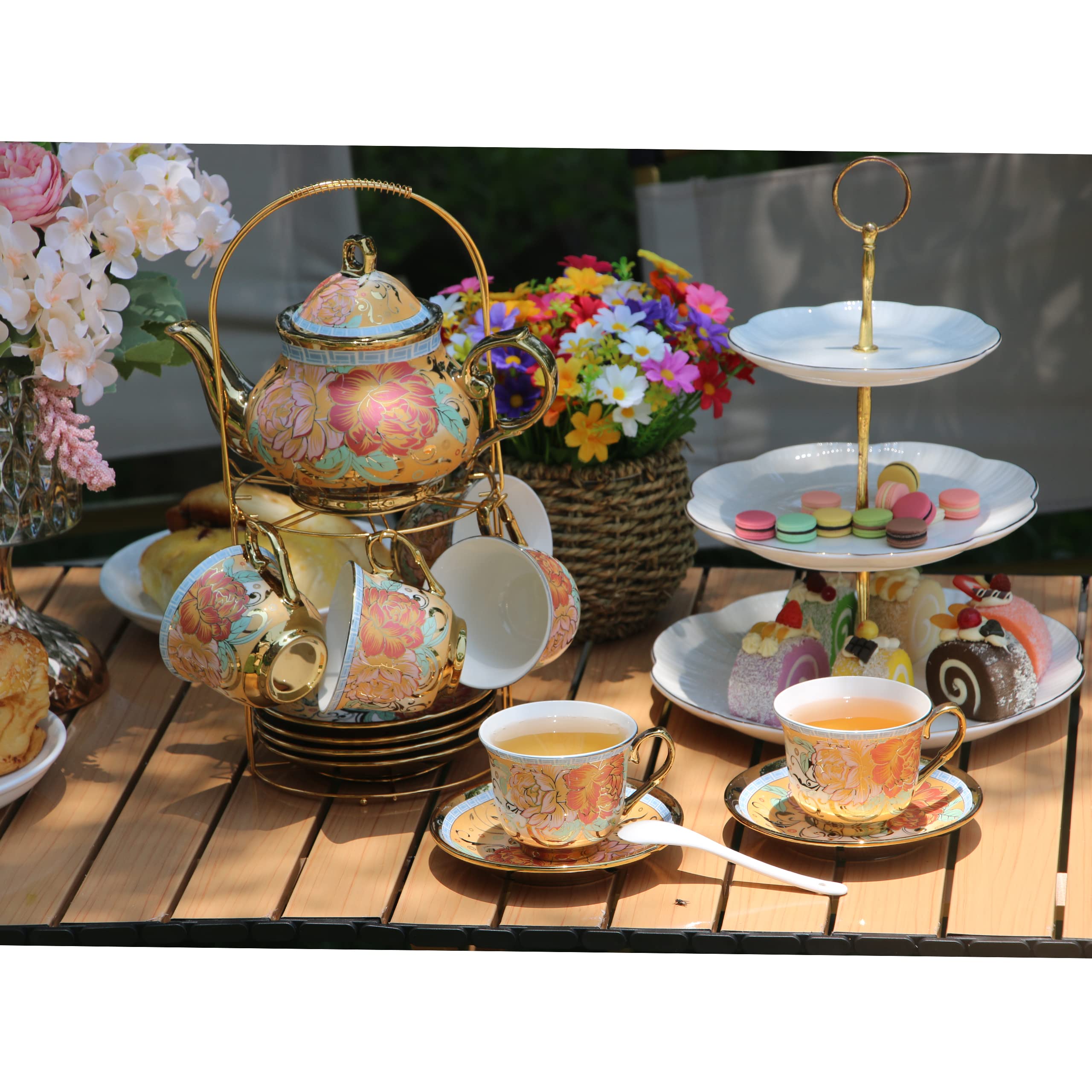 20 Pieces European Ceramic Tea Set for Adults With Metal Holder and Flower Painting (Large Cream Version)
