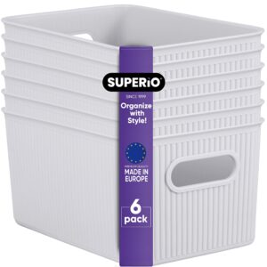 superio ribbed collection - decorative plastic open home storage bins organizer baskets, medium white smoke (6 pack) container boxes for organizing closet shelves drawer shelf 5 liter