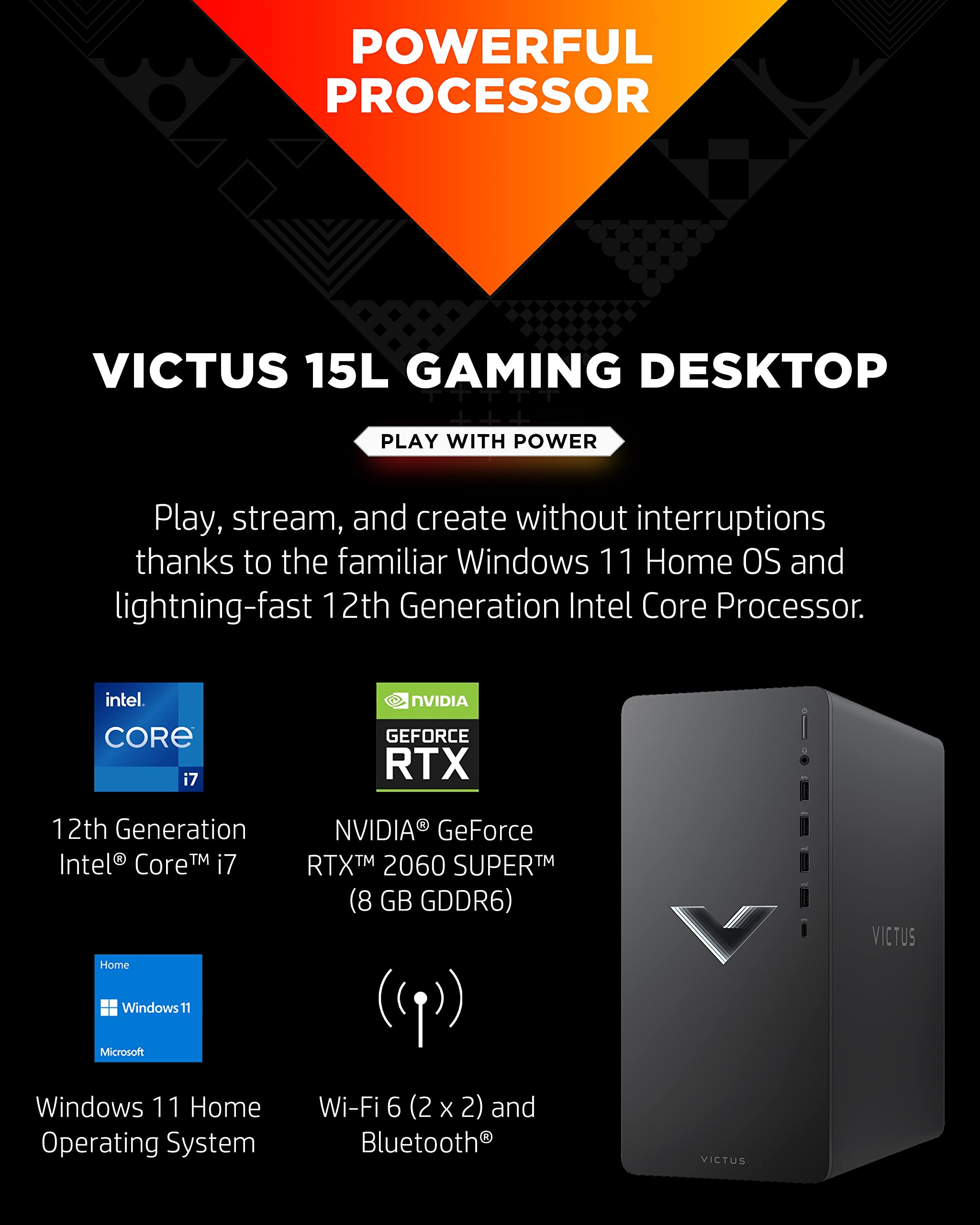 HP Victus 15L Gaming Desktop Computer, NVIDIA GeForce RTX 2060 Super Graphics, 12th Gen Intel Core Processor, 16 GB RAM, 512 GB SSD, Windows 11 Home, QuickDrop, Wi-Fi & Bluetooth (TG02-0030, 2022)