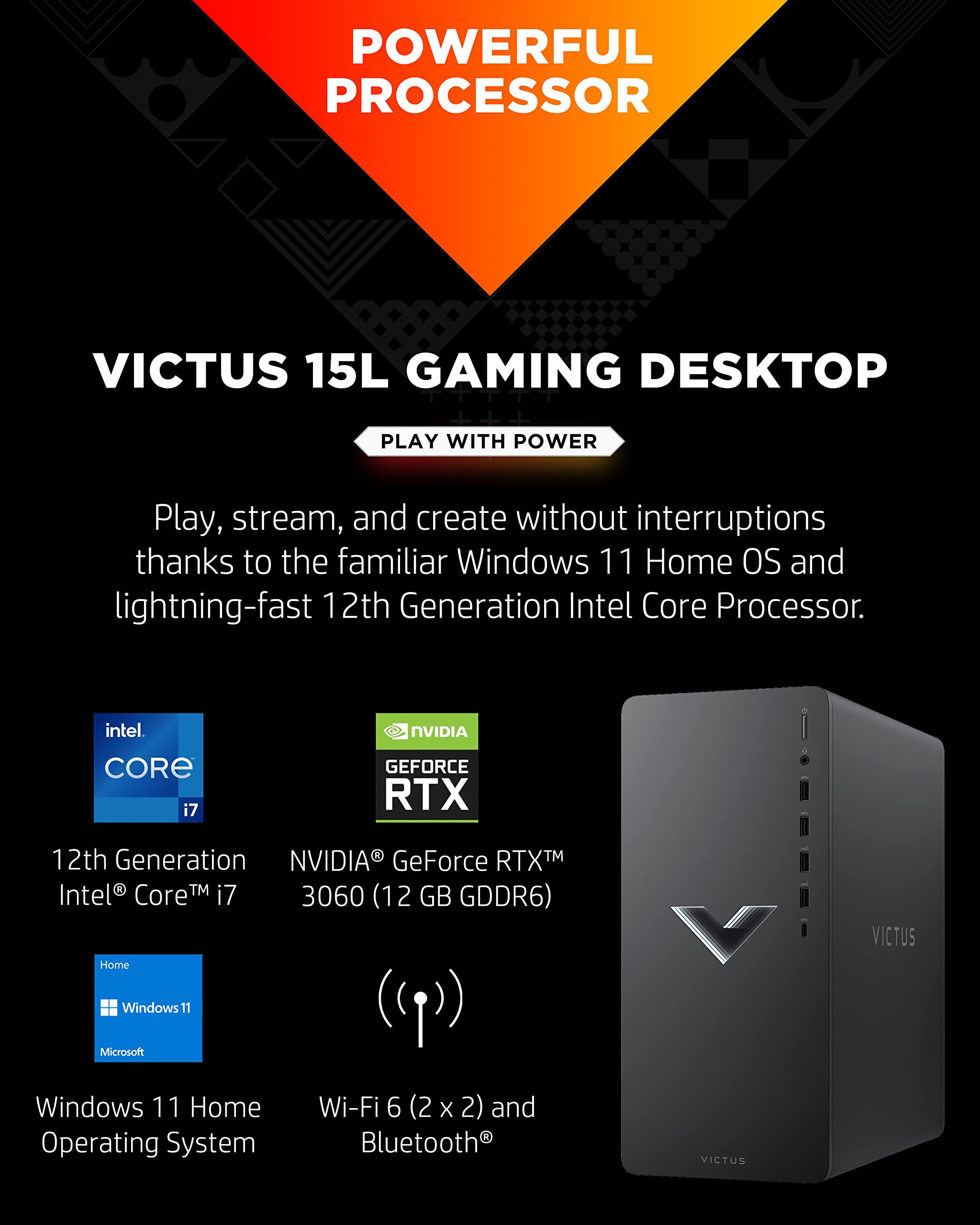 HP Victus 15L Gaming Desktop Computer, NVIDIA GeForce RTX 3060 Graphics Card, 12th Gen Intel Core Processor, 16 GB SDRAM, 512GB SSD, Windows11 Home OS, QuickDrop, Wi-Fi & Bluetooth (TG02-0040,2022)