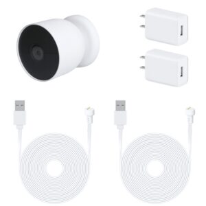 2pack power adapter compatible with google nest cam outdoor or indoor, battery, with 16.4ft/5m weatherproof charging cable continuously power your nest cam (battery) - white