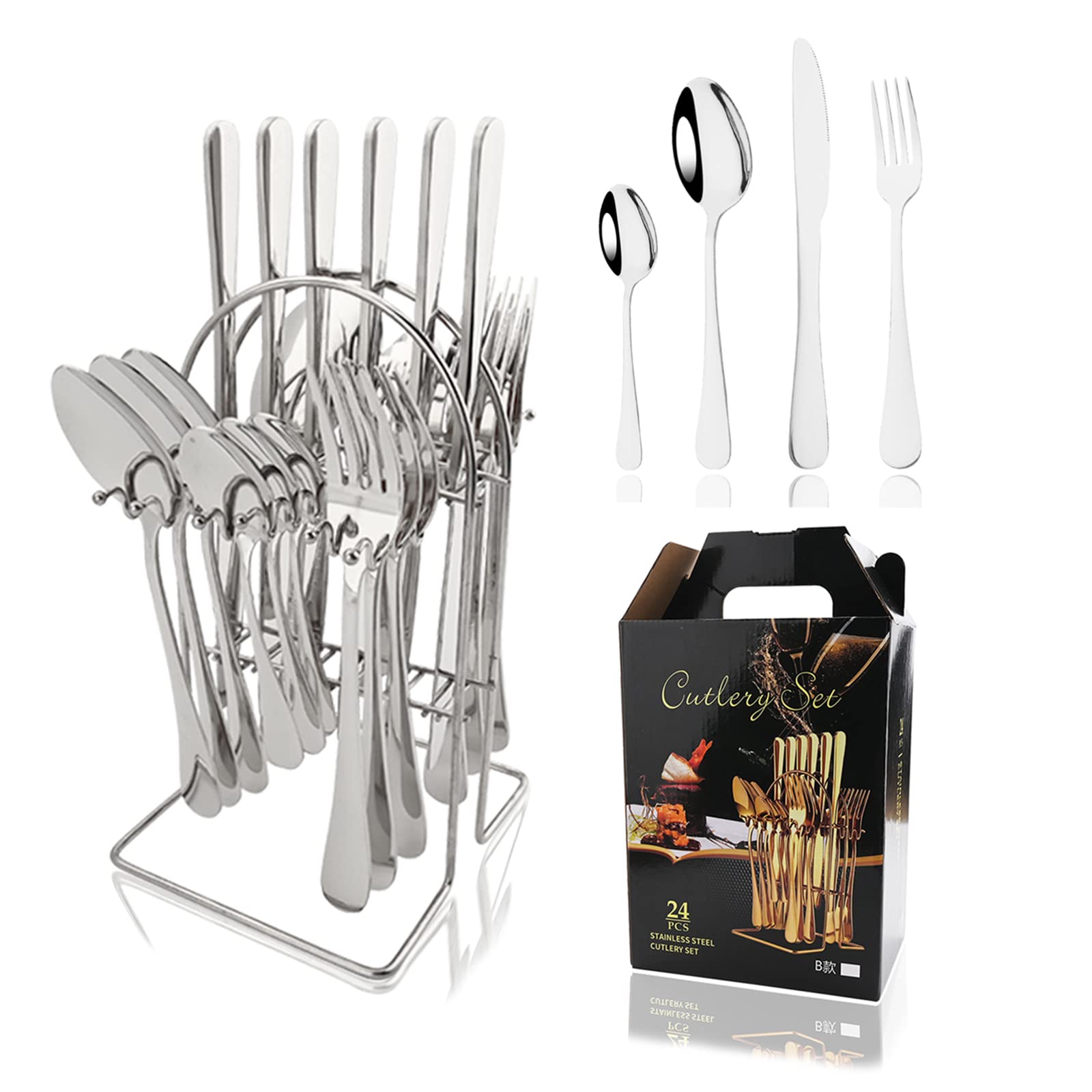 JASHII 24-Piece Hanging Flatware Set & Holder/Stand,Stainless Steel Knives Forks and Spoons Cutlery Set Service for 6, Dishwasher Safe, Nice Family Utensil Gift Set - Shiny Silver