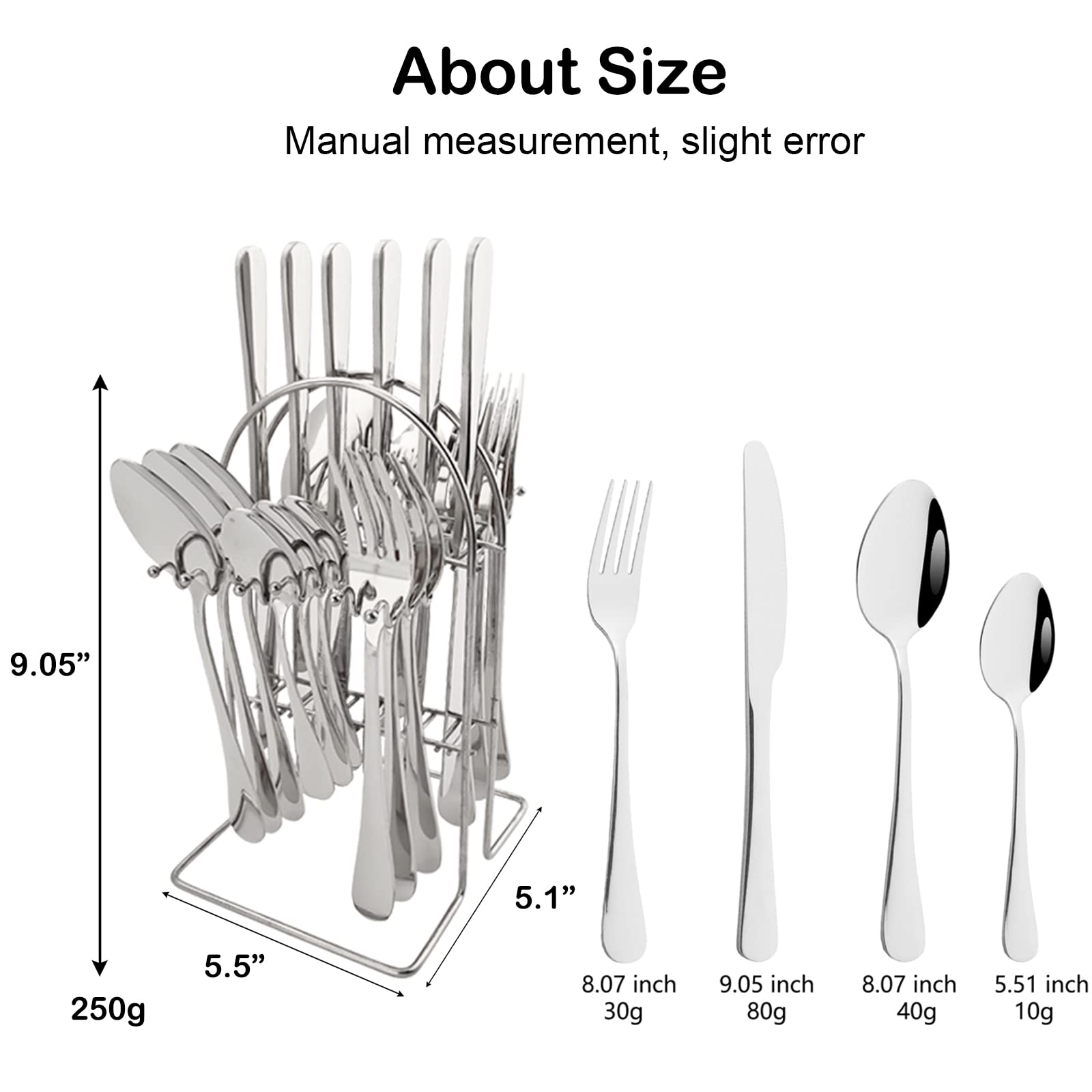 JASHII 24-Piece Hanging Flatware Set & Holder/Stand,Stainless Steel Knives Forks and Spoons Cutlery Set Service for 6, Dishwasher Safe, Nice Family Utensil Gift Set - Shiny Silver