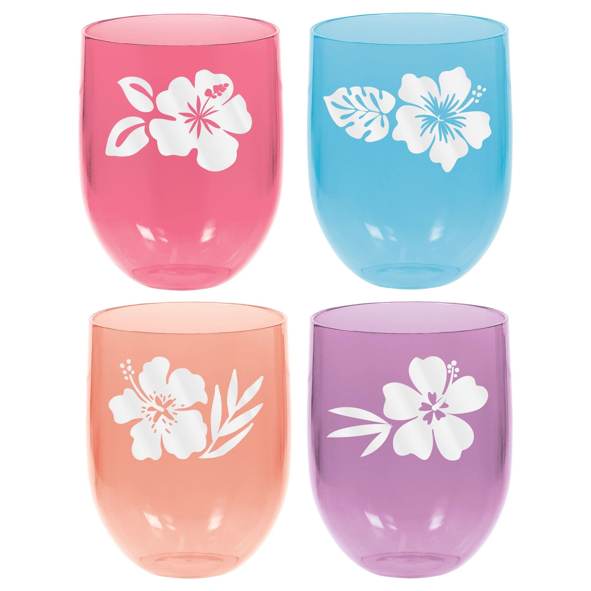 Premium Colored Hibiscus Stemless Wine Glasses - 15.2 oz. (Set of 4) - Perfect for Entertaining & Gift Giving