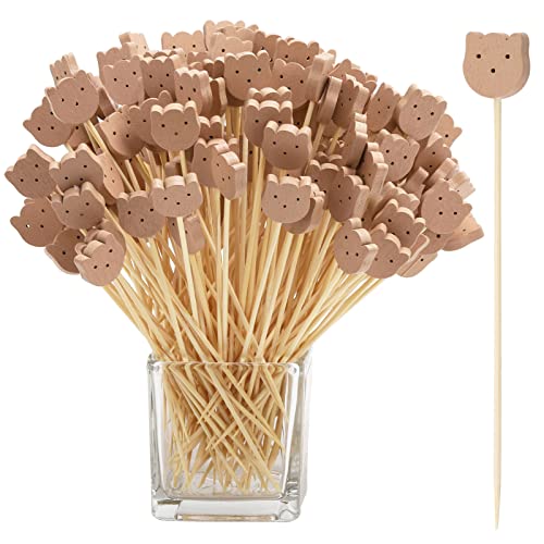 200 Pcs Bamboo Cocktail Picks 4.7 Inch Bear Face Cocktail Sticks Food Picks Decorative Toothpicks for Appetizers, Fruits, Dessert, Baby Shower, Birthday Wedding, Party Supplies(Bear)