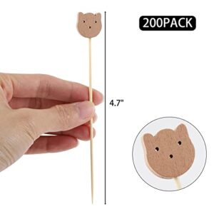 200 Pcs Bamboo Cocktail Picks 4.7 Inch Bear Face Cocktail Sticks Food Picks Decorative Toothpicks for Appetizers, Fruits, Dessert, Baby Shower, Birthday Wedding, Party Supplies(Bear)