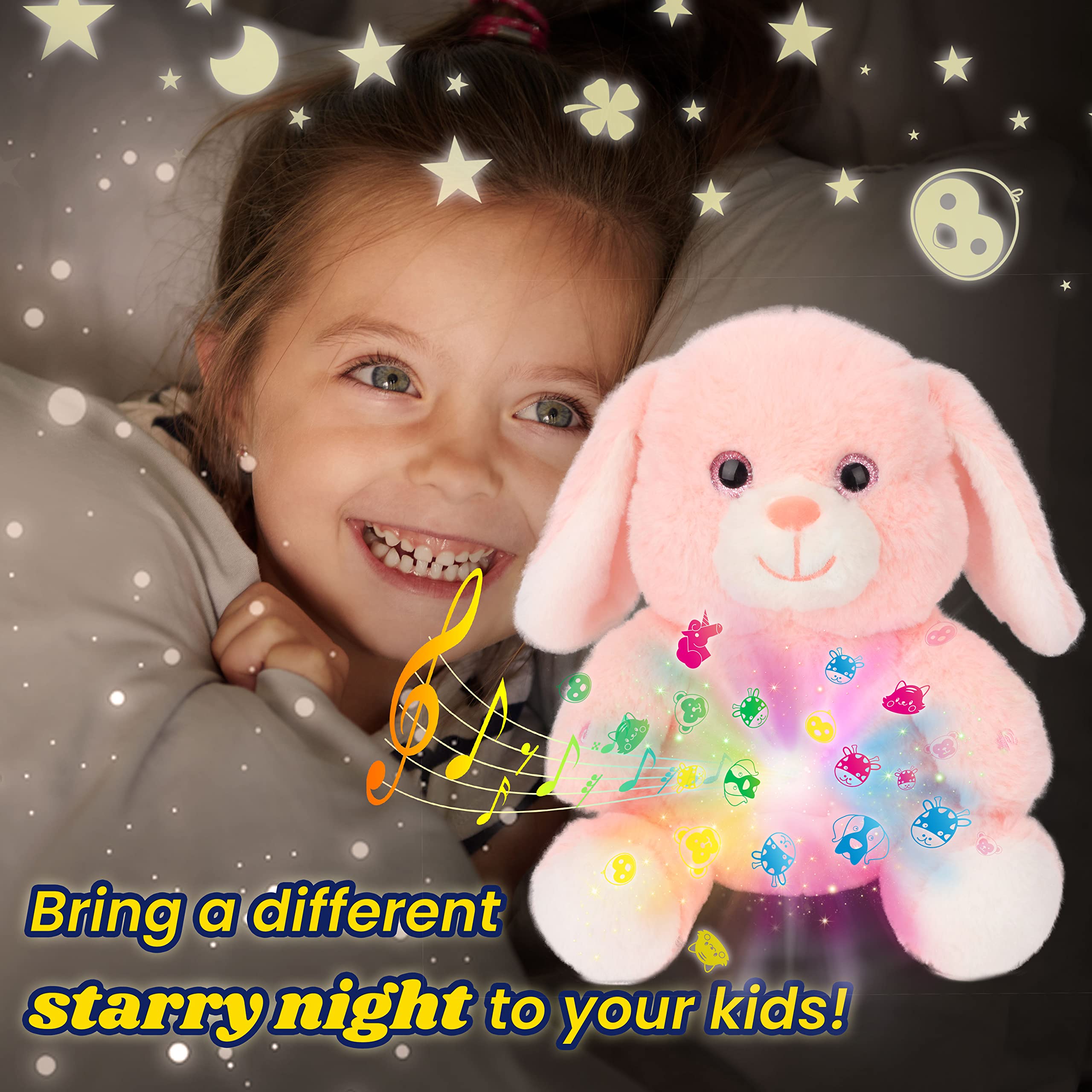 Cuteoy Plush Pink Bunny Star Projector Musical Adjustable Singing Night Light Stuffed Animals Glowing Kawaii Rabbit Plushies Toy Gifts for Kids Birthday Easter Christmas,12''