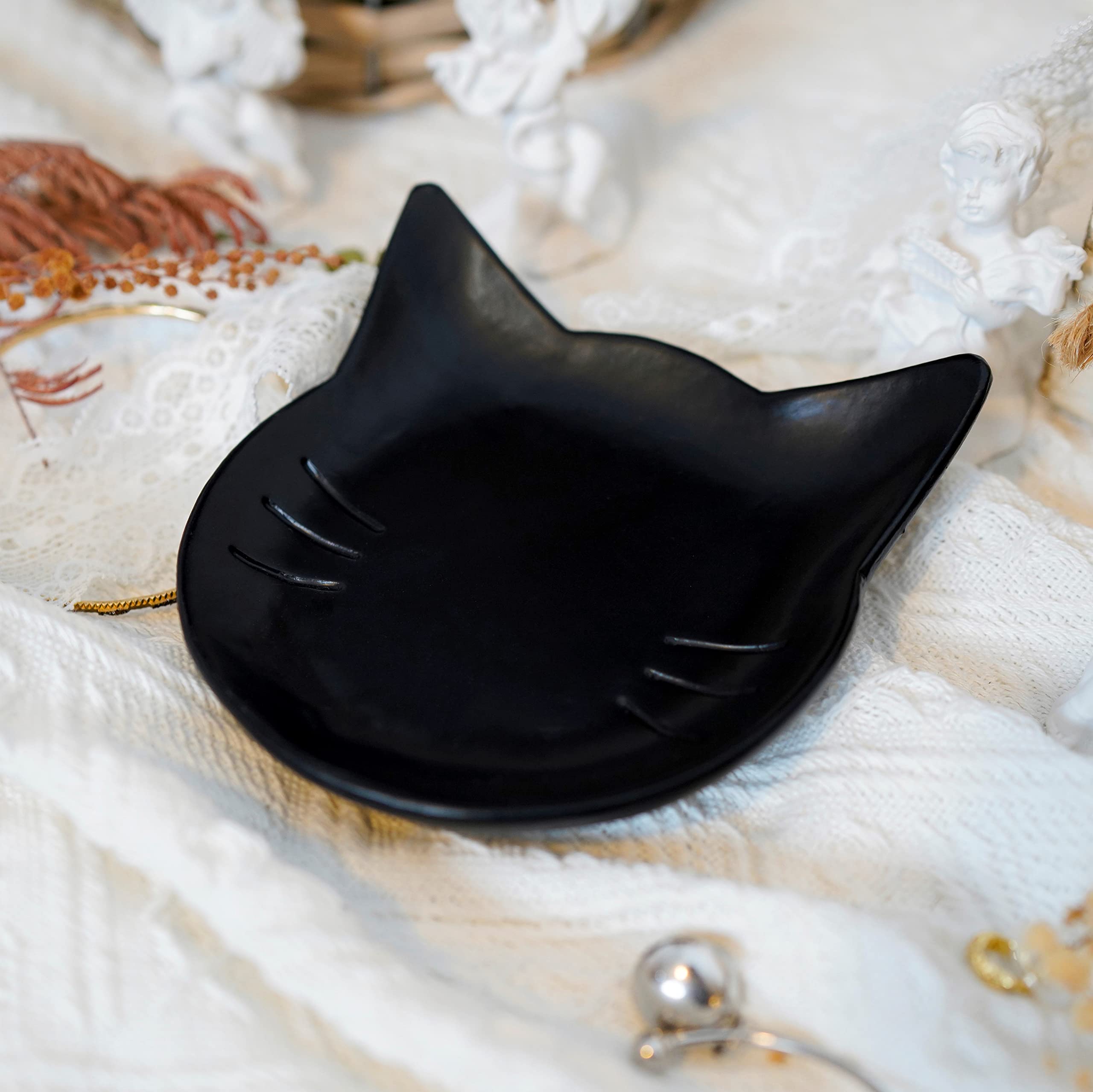 SOFFEE DESIGN Light Resin Jewelry Tray Black Cat Head Shape Storage for Ring/Earring/Necklace/Trinket Dish, Suitable for Entryway/Side Cabinet/Bedside Table/Washstand/Dressing Table