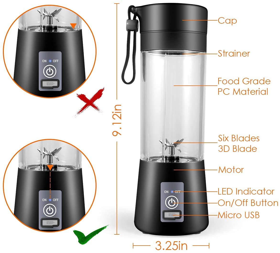 Portable Blender USB Rechargeable - Portable Blender for Shakes & Smoothies - 6 Blades-WENPIC- Fruit & Vegetable Juicer - For Travel Sports Kitchen - Mini Portable Blender (Upgraded Version, Black)