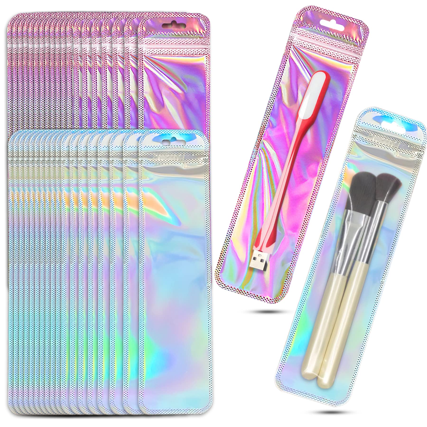 100 PCS Resealable Holographic Bags, Holographic Rose ziplock Packaging Storage Bag for Jewelry, Lip Gloss, sticker, lash, Candy, Snack, 2.56x9.44"