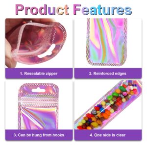 100 PCS Resealable Holographic Bags, Holographic Rose ziplock Packaging Storage Bag for Jewelry, Lip Gloss, sticker, lash, Candy, Snack, 2.56x9.44"