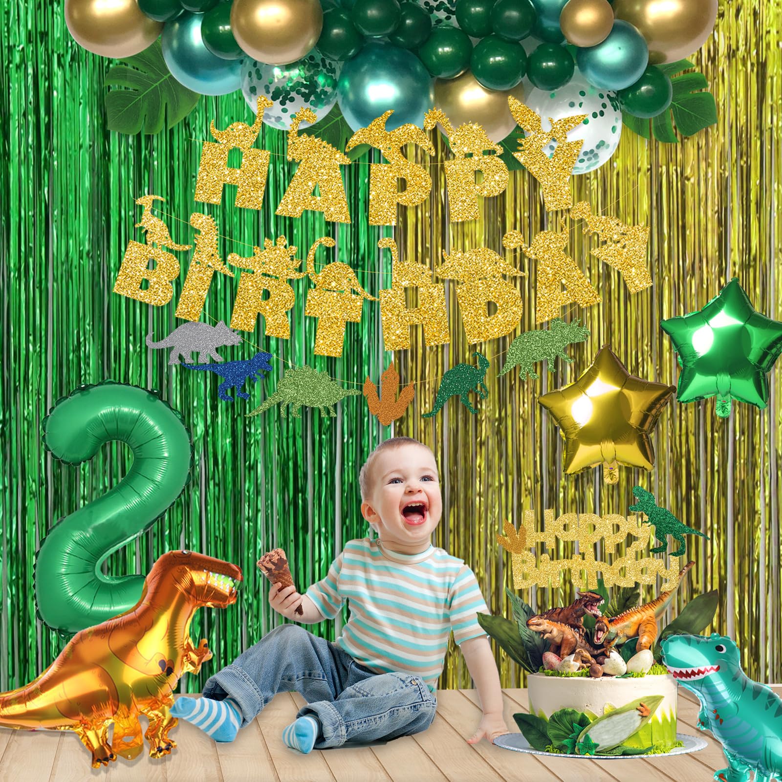 Dinosaur 2nd Birthday Decorations for Boy, Party Inspo Dinosaur Two Rex Happy Birthday Banner Cake Cupcake Toppers, Dinosaur Green